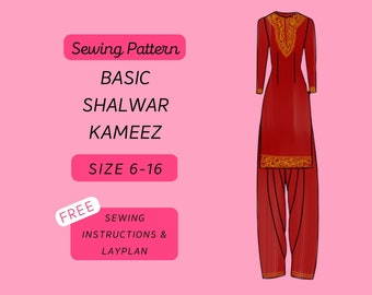 Kurta/Kurti/Kameez & Shalwar/Salwar Trousers A4/A0 PDF Sewing Pattern Sizes 6-16 (Asian, Indian Fashion, Womenswear, Pakistani Fashion)