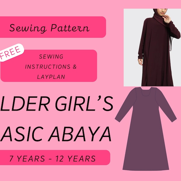 Patron de couture PDF d'abaya pour fille plus âgée : 7-12 ans (mode musulmane, vêtements pour enfants, mode abaya, hijab, robe modeste)