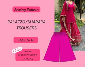 May include: Sewing pattern for palazzo or sharara trousers, sizes 6-16. The pattern includes free sewing instructions and a lay plan. The image shows a pink pair of palazzo trousers.