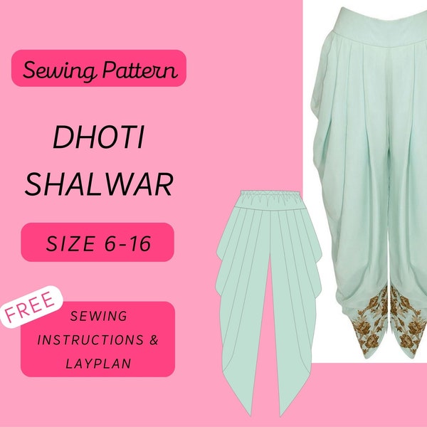 Dhoti Shalwar/Salwar Trousers A4/A0 PDF Sewing Pattern Sizes 6-16 (Asian, Indian Fashion, Womenswear, Pakistani Fashion)