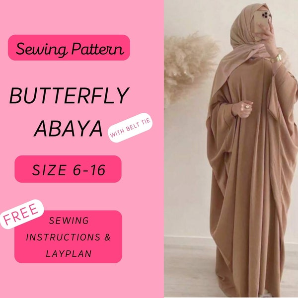 Butterfly Abaya PDF A4 UK Paper size Sewing Pattern Sizes 6-16 (Muslim Fashion, Womenswear, Abaya Fashion, Hijab, Modest Dress)