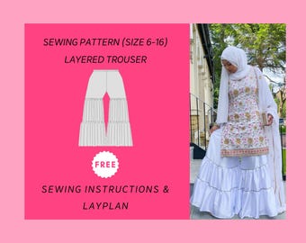 Layered Trousers A4/A0 Digital PDF Sewing Pattern Sizes 6-16 Shalwar, Kurti, Kameez, Kurta, Asian clothing, Indian Womenswear, Asian Attire