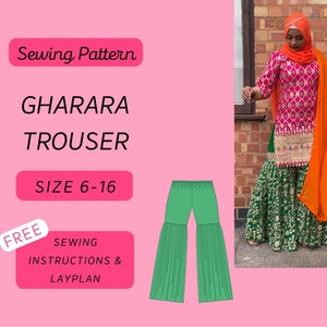 Gharara Trousers A4/A0 PDF Sewing Pattern Sizes 6-16 (Kurta, Kurti, Salwar, Saree, Indian, Womenswear, Asian Attire, Pakistani,Trousers)