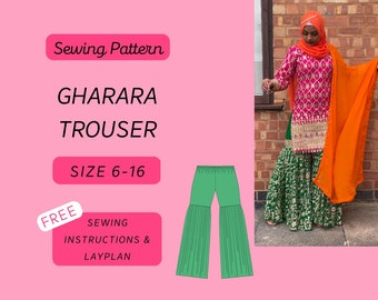 Gharara Trousers A4/A0 PDF Sewing Pattern Sizes 6-16 (Kurta, Kurti, Salwar, Saree, Indian, Womenswear, Asian Attire, Pakistani,Trousers)