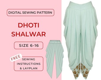 Patrón de costura en PDF para pantalones Dhoti Shalwar/Salwar, tallas A4/A0, tallas 6-16 (moda asiática, india, femenina y pakistaní)