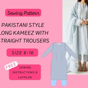 Pakistani Long Kameez & Straight Trousers A4 PDF Sewing Pattern Sizes 6-16 (Asian, Indian Fashion, Womenswear, Pakistani Fashion)
