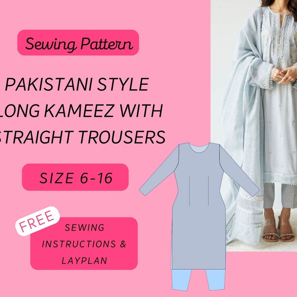 Pakistani Long Kameez & Straight Trousers A4 PDF Sewing Pattern Sizes 6-16 (Asian, Indian Fashion, Womenswear, Pakistani Fashion)