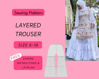 Layered Trousers A4/A0 Digital PDF Sewing Pattern Sizes 6-16 Shalwar, Kurti, Kameez, Kurta, Asian clothing, Indian Womenswear, Asian Attire