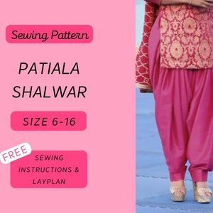 Patrón de costura en PDF para patiala shalwar/salwar, tallas 6 a 16 (ropa asiática, ropa de mujer, moda india, moda pakistaní, kurti, kameez, kurta)