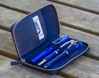 Leather Zippered 3 Slots Pen Case - Navy Blue