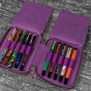 Leather Zippered 10 Slots Pen Case - Purple