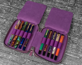 Leather Zippered 10 Slots Pen Case - Purple