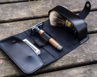 Leather Shaving Travel Kit - Black