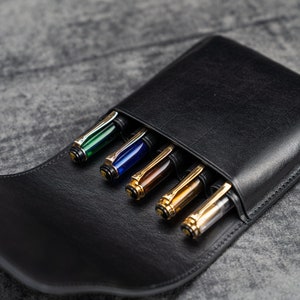 Leather Flap Pen Case for Five Pens - Black