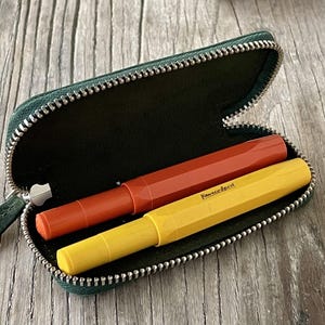 Leather Zippered Double Pen Case for Kaweco - Pocket Pen - Crazy Horse Forest Green