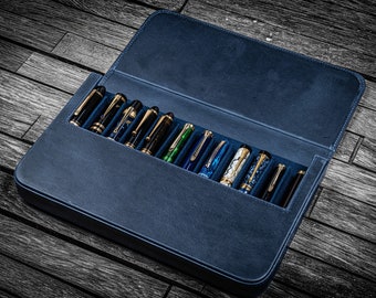 Leather Magnum Opus 12 Slots Hard Pen Case with Removable Pen Tray - Crazy Horse Navy Blue