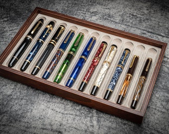 Pen Display Box – Beech Wood Stackable Tray, Handcrafted Wooden Pen Organizer, Suede-Lined Fountain Pen Case, Luxury Gift for Writer Desk