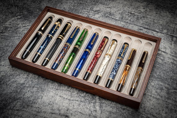 Pen Display Box – Beech Wood Stackable Tray, Handcrafted Wooden Pen Organizer, Suede-Lined Fountain Pen Case, Luxury Gift for Writer Desk