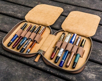Leather Zippered 10 Slots Pen Case - Crazy Horse Brown