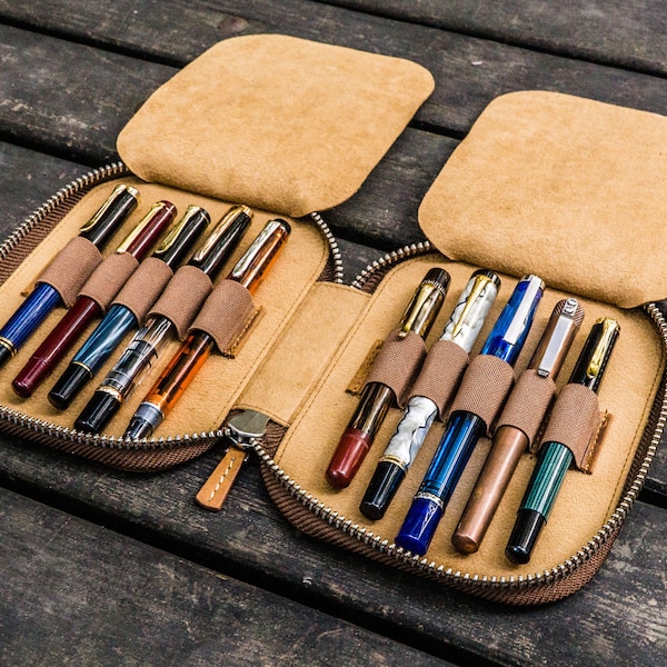 Leather Zippered 10 Slots Pen Case - Crazy Horse Brown