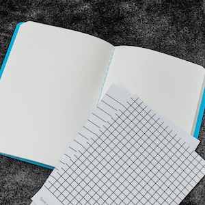 Pu&ograve; includere: Un quaderno blu con una pagina bianca aperta e un foglio di carta quadrettata sotto.