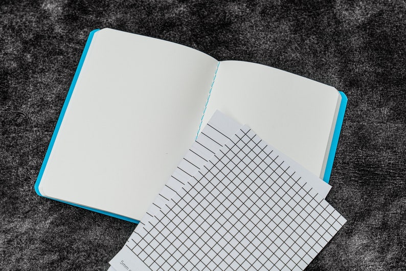 Pu&ograve; includere: Un quaderno blu con una pagina bianca aperta e un foglio di carta quadrettata sotto.