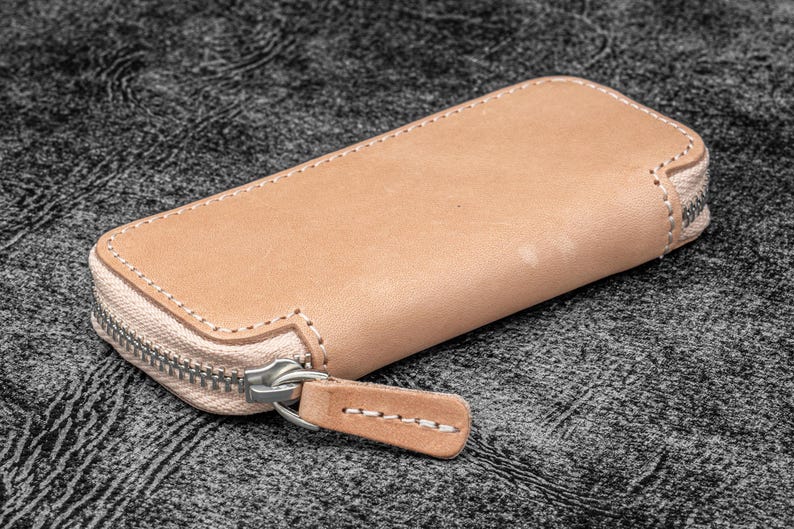 Leather Zippered Double Pen Case for Kaweco - Pocket Pen - Undyed Leather-