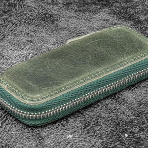 Leather Zippered Double Pen Case for Kaweco - Pocket Pen - Crazy Horse Forest Green