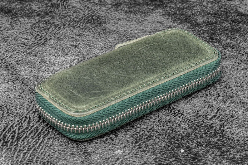 Leather Zippered Double Pen Case for Kaweco - Pocket Pen - Crazy Horse Forest Green
