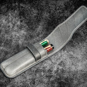 Leather Flap Pen Case for Two Pens - Crazy Horse Smoky