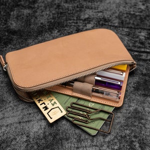 Leather Slip-N-Zip 4 Slots Zippered Pen Pouch - Undyed Leather