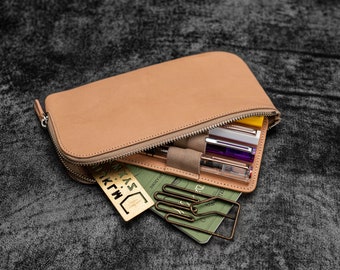 Leather Slip-N-Zip 4 Slots Zippered Pen Pouch - Undyed Leather