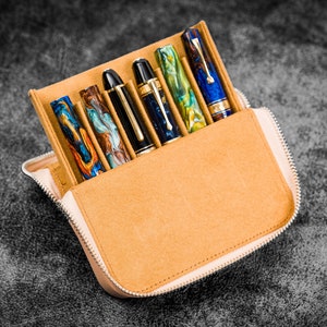 Leather Zippered Magnum Opus 6 Slots Hard Pen Case with Removable Pen Tray - Undyed Leather