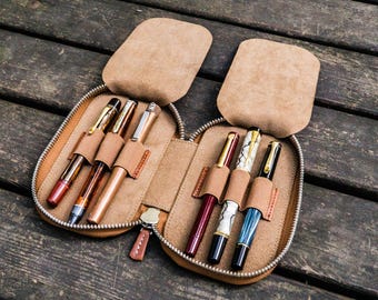 Leather Zippered 6 Slots Pen Case - Brown