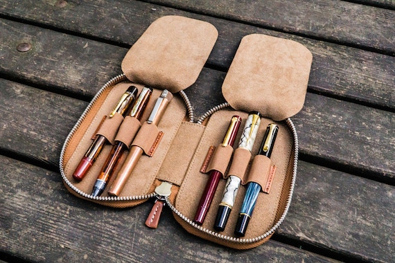 Leather Zippered 6 Slots Pen Case Brown - Handmade Full Grain Leather Pen Organizer - Fountain Pen Holder - A6 Notebook Storage Pouch