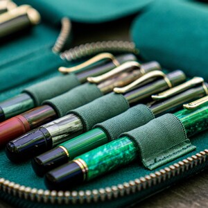 May include: A green leather pen case with a zipper closure, holding a collection of fountain pens with different colored barrels and nibs.