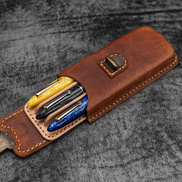 The Old School - Leather Molded Pen Case for 3 Pens - Distressed Leather