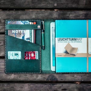 Può includere: Una custodia per notebook in pelle verde scuro aperta, con fessure per carte, una penna e un taccuino Leuchtturm1917 turchese. Il taccuino ha una fascia bianca con la scritta "LEUCHTTURM1917 DETAILS MAKE ALL THE DIFFERENCE". Su una superficie di legno.