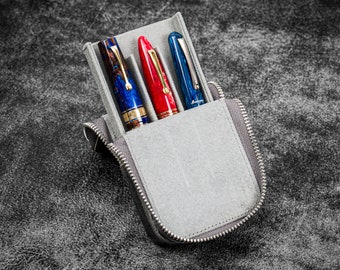 Leather Zippered Magnum Opus 3 Slots Hard Pen Case with Removable Pen Tray - Crazy Horse Smoky