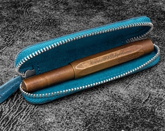 Leather Zippered Single Pen Case for Kaweco - Pocket Pen - C. H. Ocean Blue
