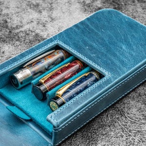 Leather Magnum Opus 3 Slots Hard Pen Case with Removable Pen Tray - C. H. Ocean Blue