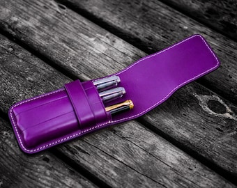 Leather Flap Pen Case for Three Pens - Purple