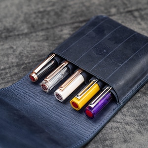 Leather Flap Pen Case for Five Pens - Crazy Horse Navy Blue