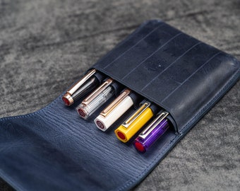 Leather Flap Pen Case for Five Pens - Crazy Horse Navy Blue