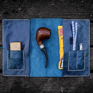 Personalized Leather Pipe Pouch Roll – Rustic Navy Tobacco Pipe Case, Handcrafted Leather Pipe Holder, Luxury Smoker Gift, Tobacco Bag
