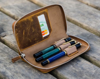 Leather Zippered 3 Slots Pen Case - Crazy Horse Brown