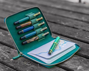 Leather Zippered 5 Slots Pen Case – Crazy Horse Forest Green, Travel Pen Organizer Gift, Fountain Pen Holder, Handmade Leather Pouchs