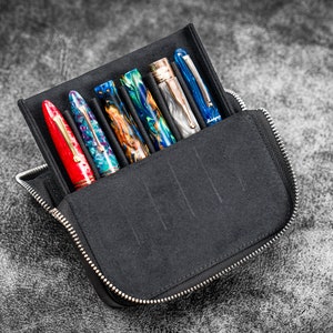 Leather Zippered Magnum Opus 6 Slots Hard Pen Case with Removable Pen Tray - Black