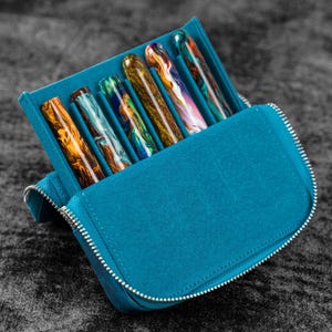 Leather Zippered Magnum Opus 6 Slots Hard Pen Case with Removable Pen Tray - C. H. Ocean Blue