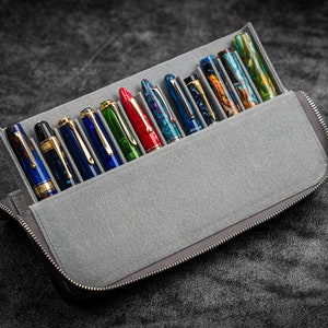 Leather Zippered Magnum Opus 12 Slots Hard Pen Case with Removable Pen Tray - Crazy Horse Smoky